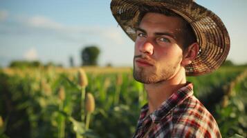 A candid farmer portrait on countryside background photo
