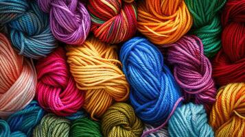 A vibrant assortment of colorful yarn balls is stacked neatly atop one another photo