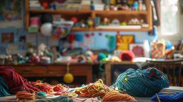 Tangled skeins of yarn on a table photo