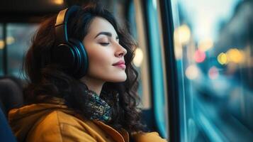Person in headphones listening to language podcasts while commuting photo