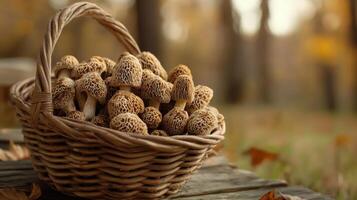 Wild mushroom foraging in the forest photo