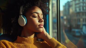 Person in headphones listening to language podcasts while commuting photo