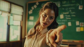 Female teacher pointing at the green board photo