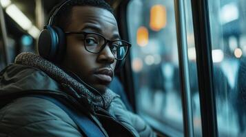 Person in headphones listening to language podcasts while commuting photo
