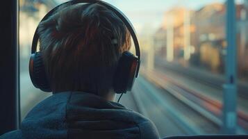 Person in headphones listening to language podcasts while commuting photo