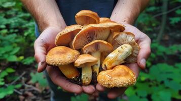 Wild mushroom foraging in the forest photo