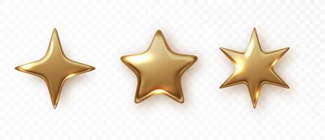 Golden star isolated. Christmas stars of various shapes. Realistic 3d metallic golden design element vector