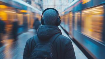 Person in headphones listening to language podcasts while commuting photo
