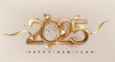 2025 New Year with golden golden ribbon. Festive Christmas banner with falling confetti on bright background. Realistic 2025 Golden 3d number vector