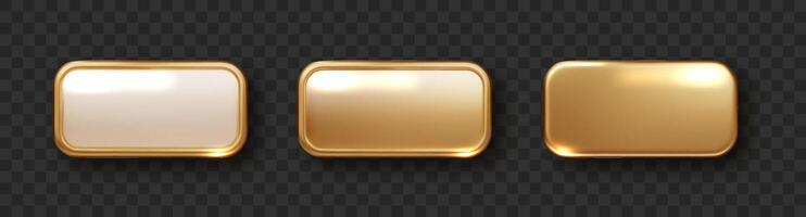 Golden plate button shape with frame. Realistic isolated design element, golden glossy label. Realistic 3D design. vector