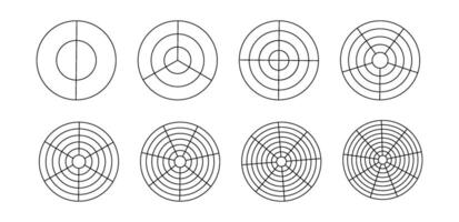 Polar grid divided template set. Radar circular graph screen. Grid with concentric circles diagram chart vector