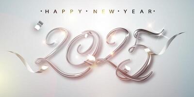 2025 Happy New Year banner with golden 3d realistic number and falling confetti . Celebration New Year's Eve bright background vector