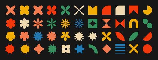 Abstract Geometric Shapes Set. Collection of Figures, Flowers, Hearts, and Sparkles Perfect for Print, Stickers, and Banners. Bauhaus, Memphis Design vector