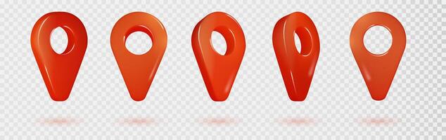 Red map pointer isolated. Realistic location points shapes, location point in rotation for map. Red location pin sheet for geolocation pinpoint vector