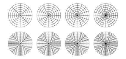 Polar grid divided into radial degree template isolated. Polar coordinate circular grid set. Pie chart blank. vector