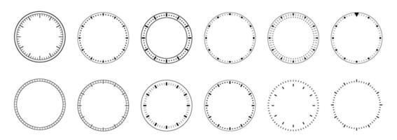 Clock face dials template set. Blank Measuring Circle Scale isolated. Mechanical, Classic template clock set. vector