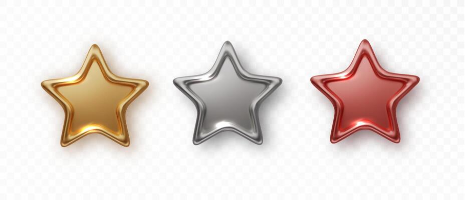 Golden, bronze, silver glossy metallic stars 3d realistic style isolated. illustration for leadership, game award, customer feedback, Christmas design.