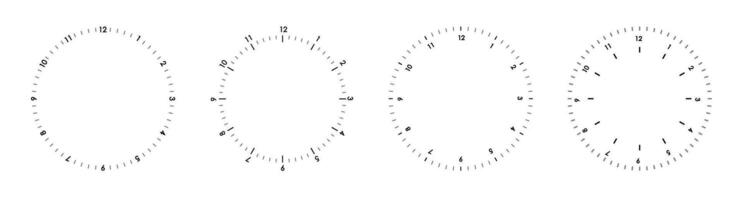 Round clock faces scale isolated on white background. Measuring circle scale in flat style. Clock face template. Blank watch round dial vector