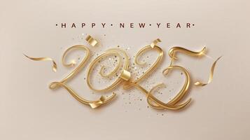 2025 Happy New Year banner with golden 3d realistic number and falling confetti . Celebration New Year's Eve bright background vector
