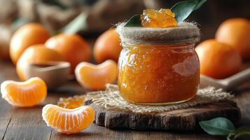 Homemade tangerine jam with fresh fruit on a wooden table photo