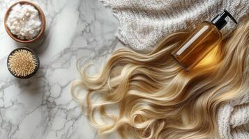 Long wavy blonde hair cascading on a neutral background photo