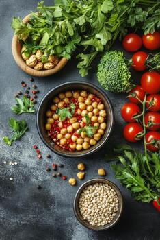 Fresh vegetables and nuts arranged around a blank notepad on a textured surface photo