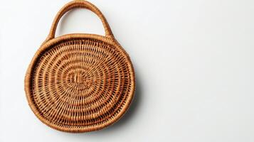 Woven round basket on a light background with green palm leaves beside it photo