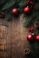 Festive pinecones and red ornaments on rustic wooden tabletop during holiday season photo