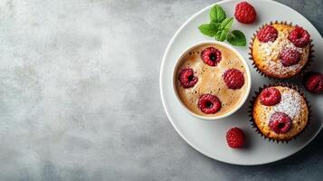 Freshly baked raspberry muffins with a cup of coffee on a textured surface photo