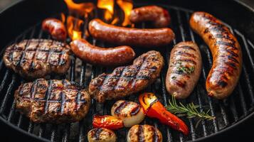 Grilling flavorful sausages and meats over an open flame at a summer barbecue gathering photo