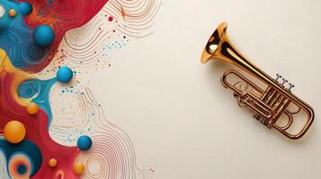 A golden trumpet rests on a colorful abstract background with swirls and bubbles photo