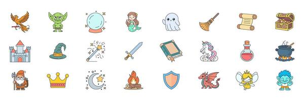 Medieval Fantasy icons set, Included icons as Book of Spells, Fairy, Dragon, Dwarf and more symbols collection, logo isolated illustration vector