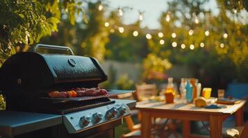 Sunlit wooden table in a garden with string lights during golden hour photo