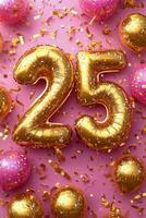 Golden 25 balloons arranged on a pink background for a festive celebration photo