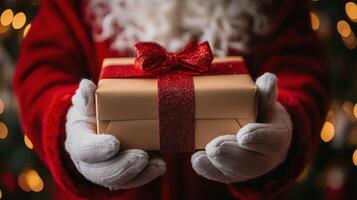 Santa holding a beautifully wrapped gift in front of a decorated Christmas tree photo