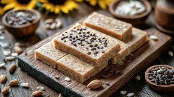 Sunflower seed soap bars on a wooden board with bright flowers in the background photo