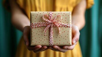 A person in a yellow dress holds a beautifully wrapped gift with a red bow against a teal curtain photo