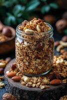 Homemade granola in a jar with nuts and dried fruit on a wooden surface photo