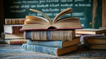 Stacked old books with an open book on top against a chalkboard background photo