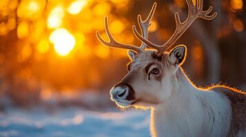 Reindeer grazes in the snowy landscape at sunset in a tranquil winter setting photo