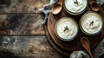 Homemade yogurt served in glass jars on a rustic wooden table with wooden spoons photo