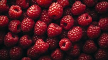 Fresh raspberries arranged closely on a dark surface in natural light photo