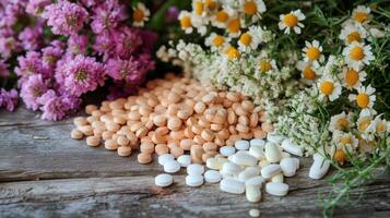 Assorted dietary supplements and herbs laid out on a rustic wooden surface photo