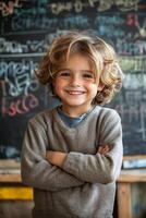 Young boy smiling confidently in a classroom environment with a chalkboard background photo