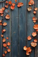 Colorful autumn leaves scattered on a dark wooden surface in a natural arrangement photo