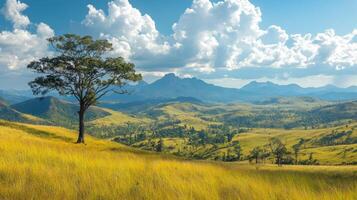 Lush green hills and valleys under a blue sky with clouds in the daytime photo