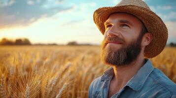 Man in straw hat smiles in a golden wheat field at sunset photo