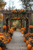 Colorful autumn pathway lined with pumpkins and vibrant flowers in a serene garden setting photo