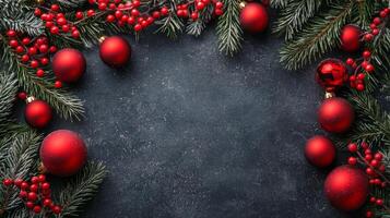 Festive holiday decorations featuring red ornaments and pine branches on a dark background photo