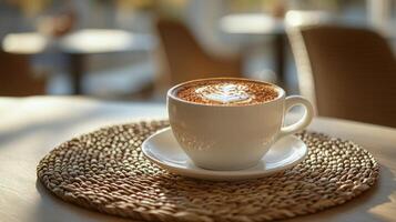 Beautiful latte art in a white cup on a wooden table in a cozy cafe photo